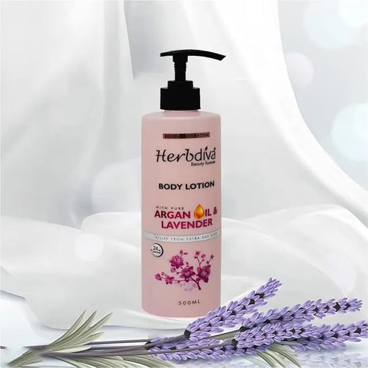 Herbdiva | Double Hydration Body Lotion With Argan Oil & Lavender, 24HR. Moisturizing Cream, Relief From Extra Dry Skin, 500ml