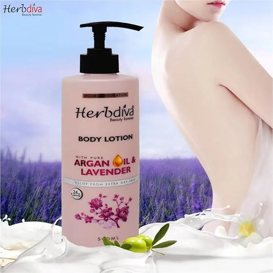 Herbdiva | Double Hydration Body Lotion With Argan Oil & Lavender, 24HR. Moisturizing Cream, Relief From Extra Dry Skin, 500ml